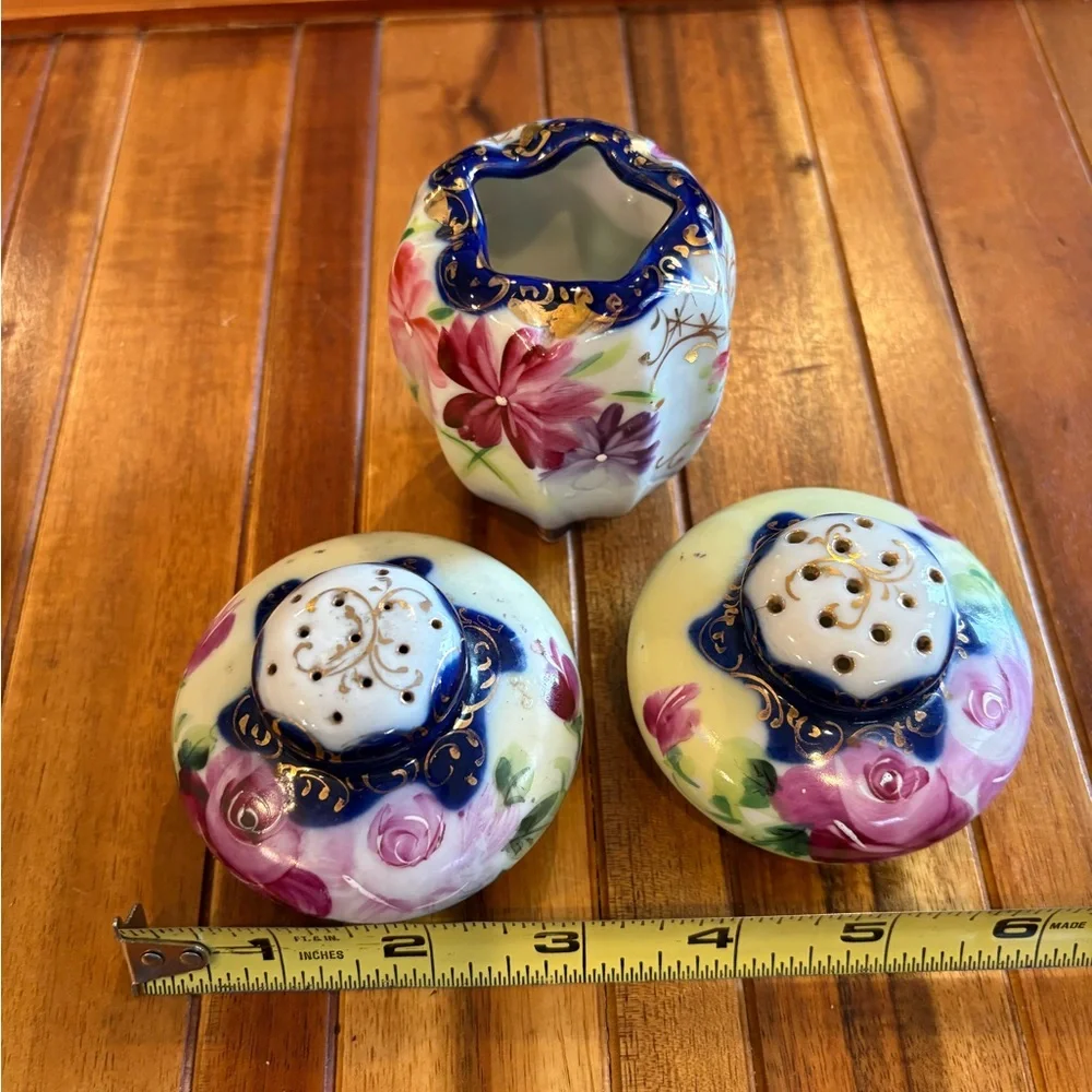 Vintage Japanese Floral Ceramic Vase Toothpick Holder and Shakers Set